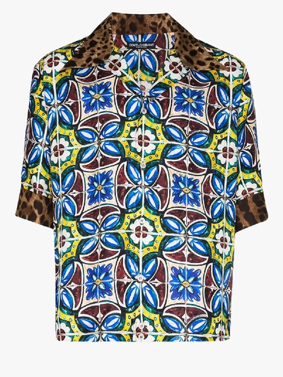 Shop Dolce & Gabbana Maiolica And Leopard Print Silk Bowling Shirt In Blue