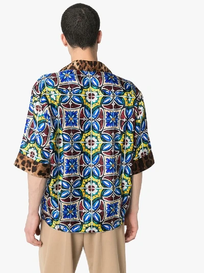 Shop Dolce & Gabbana Maiolica And Leopard Print Silk Bowling Shirt In Blue