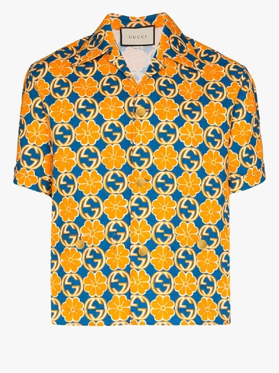 Shop Gucci Printed Cotton Canvas Shirt In Orange
