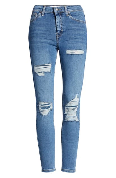 Shop Topshop Ripped Jamie High Waist Skinny Jeans In Mid Blue