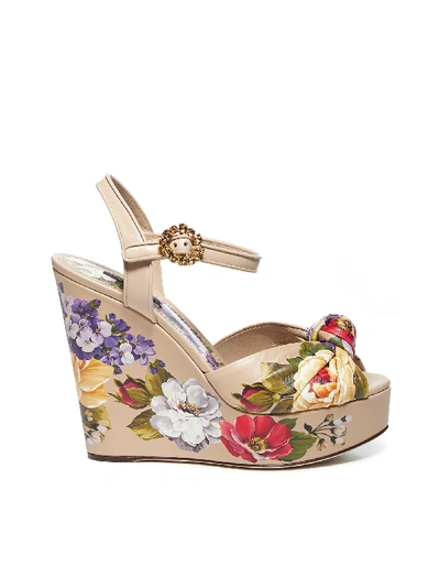 Shop Dolce & Gabbana Floral Print Leather Sandals In Fiori Beige Fdo.kaki