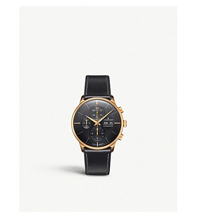 Shop Junghans 027/7923.01 Meister Chronoscope Rose Gold-plated Stainless Steel And Leather Watch In Black/rose Gold