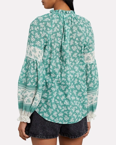 Shop Veronica Beard Kalina Floral Silk Peasant Blouse In Pale Green/white