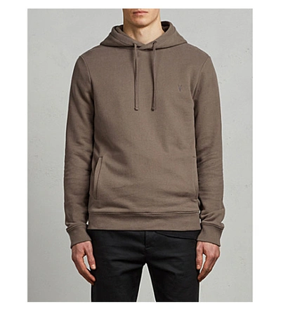 Shop Allsaints Raven Logo-embroidered Cotton-fleece Hoody In Olive Green