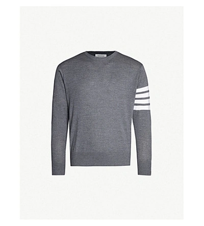 Shop Thom Browne Striped Long-sleeved Crewneck Wool Jumper In Med Grey