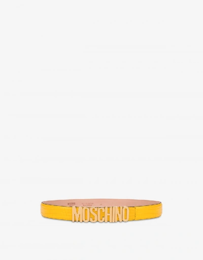Shop Moschino Crocodile Print Calfskin Belt In Yellow