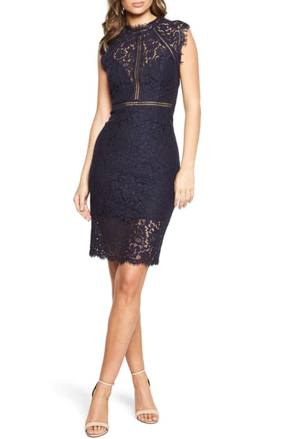 bardot lace sheath dress navy