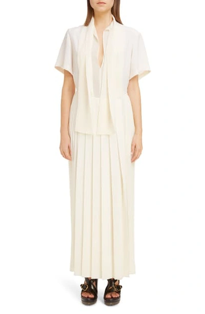 Shop Chloé Tie Neck Pleated Maxi Dress In Buttercream