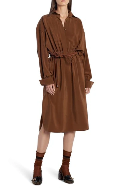 Shop Fendi Long Sleeve Silk Crepe De Chine Shirtdress In Oak