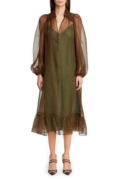 Shop Fendi Long Sleeve Organza Midi Dress In F0zqy Ebony
