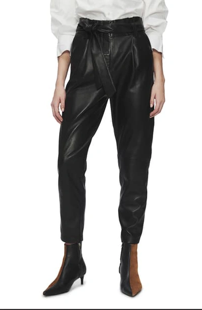 Shop Anine Bing Inez Paperbag Waist Leather Ankle Pants In Black