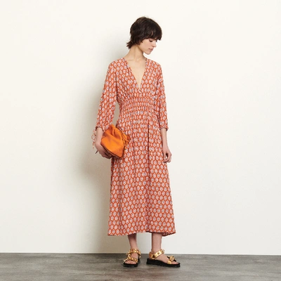 Shop Sandro Long Dress In Printed Jacquard In Rust