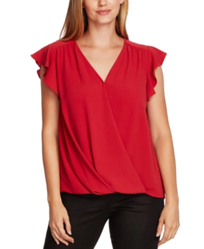 Shop Vince Camuto Flutter-sleeve Wrap-front Blouse In Bright Coral