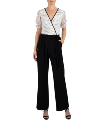 Shop Donna Ricco Dotted-top Tie-belted Jumpsuit In Black Ivory