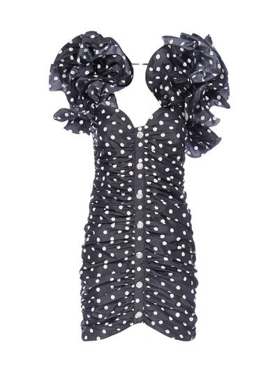 Shop Alessandra Rich Jewel-button Ruffled Polka Dot Silk Mini Dress In Black