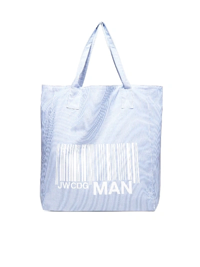 Shop Junya Watanabe Logo And Bar Code Striped Cotton Tote Bag In Sax Wht X White