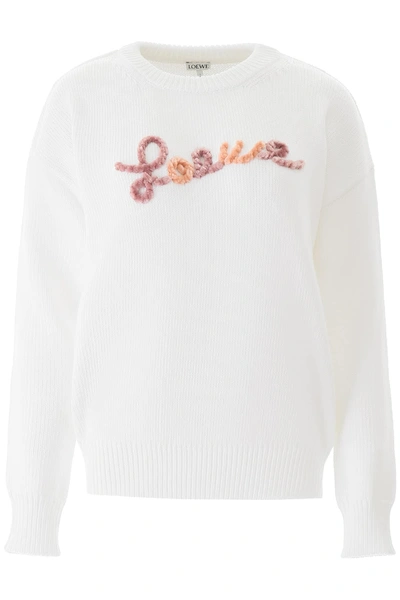 Shop Loewe Logo Embroidery Cotton Sweater In White,pink