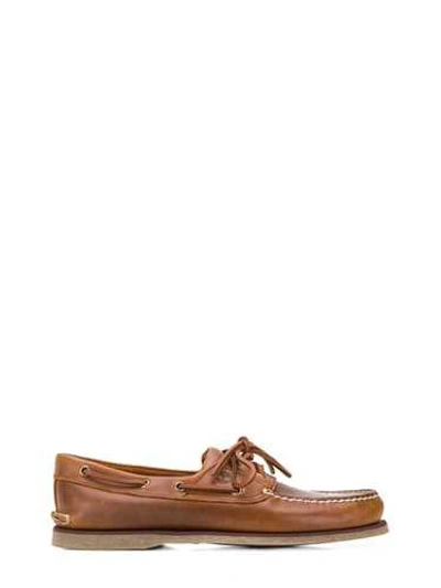 Shop Timberland Brown Leather Lace-up Boat Shoes Featuring A Round Toe, A Branded Insole, A Flat Heel And Contrast S