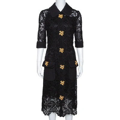 Pre-owned Dolce & Gabbana Black Floral Lace Leaf Button Embellished Dress M