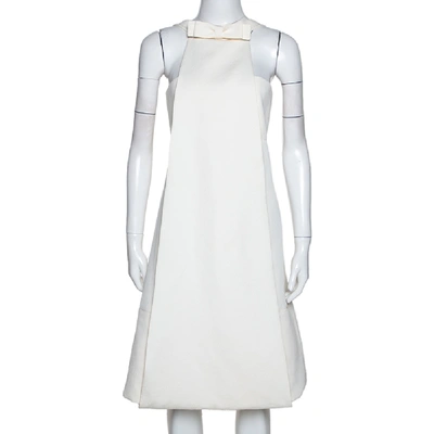 Pre-owned Fendi Off White Textured Cotton Silk Bow Detail Halter Dress M