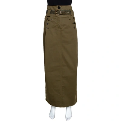 Pre-owned Kenzo Olive Green Stretch Cotton Belted Maxi Skirt S