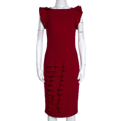 Pre-owned Giambattista Valli Red Crepe Wool Ruffled Detail Pencil Dress S