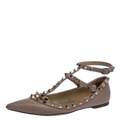 Pre-owned Valentino Garavani Beige Leather Rockstud Pointed Toe Ballet Flats Size 36.5