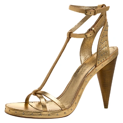 Pre-owned Burberry Metallic Gold Leather Runway Hans T Strap Sandals Size 40