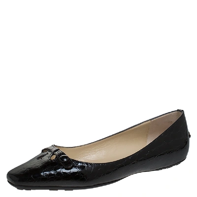 Pre-owned Jimmy Choo Black Croc Effect Patent Leather Ballerina Bow Flats Size 38