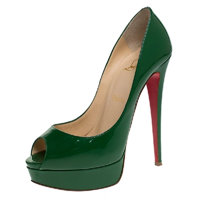 Pre-owned Christian Louboutin Green Patent Leather Lady Peep Toe Platform Pumps Size 38.5
