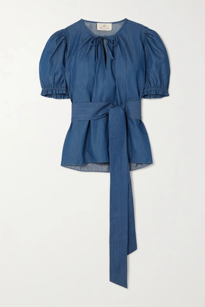 Shop Aross Girl X Soler Ines Belted Denim Blouse In Blue