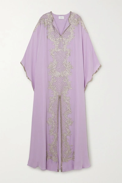 Shop Marchesa Embellished Embroidered Silk Crepe De Chine Gown In Lilac