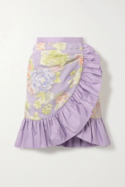 Shop Rodarte Ruffled Silk-blend Floral-jacquard Mini Skirt In Lavender