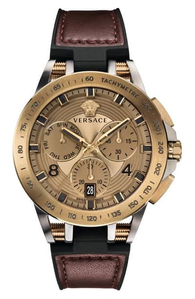 Shop Versace Sport Tech Chronograph Leather Strap Watch, 45mm In Burgundy/ Bronze