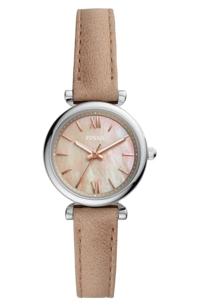 Shop Fossil Mini Carlie Star Leather Strap Watch, 28mm In Brown/ Mop/ Silver