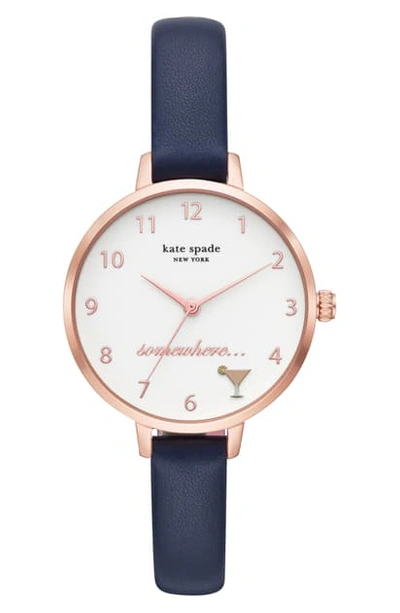 Shop Kate Spade Metro 5 O'clock Somewhere Leather Strap Watch, 34mm In Blue/ White/ Rose Gold