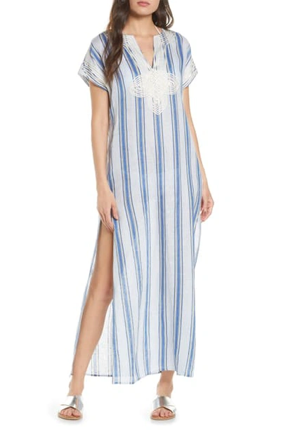 Shop Tory Burch Awning Stripe Cover-up Caftan In Grand Awning Blue Stripe