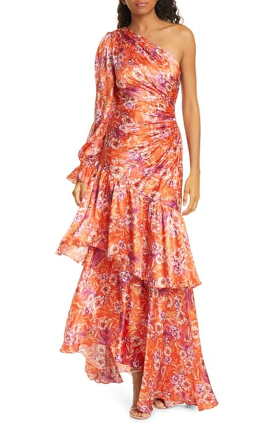 Shop Amur Israella One Shoulder Silk Maxi Dress In Flame Rosa Floral