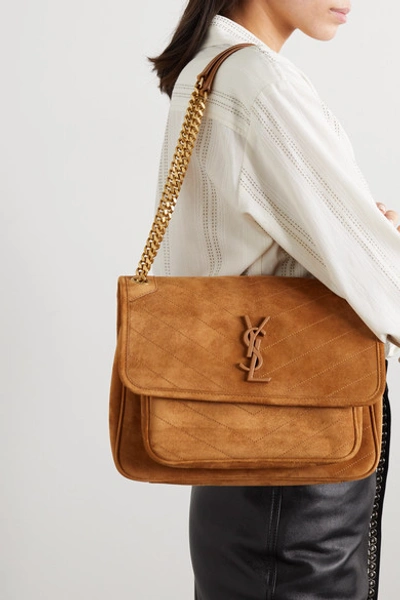 Shop Saint Laurent Niki Medium Quilted Suede Shoulder Bag In Brown