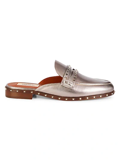 Shop Valentino Rockstud Metallic Leather Mules In Argento