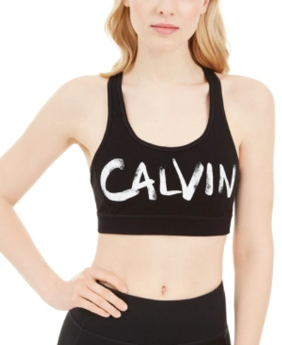 Shop Calvin Klein Performance Brushed-logo Racerback Medium-impact Sports Bra In Black