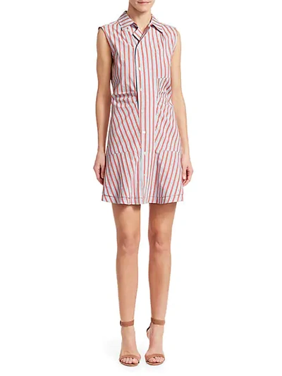 Shop Derek Lam Ruched Sleeveless Poplin Mini Dress In Poppy Stripe