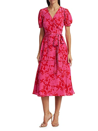 Shop Tanya Taylor Dorothy Silk-printed Puff-sleeve Midi Dress In Lillies Hot Pink