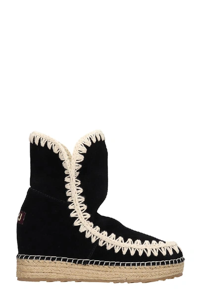Shop Mou Eskimo Inner Low Heels Ankle Boots In Black Suede