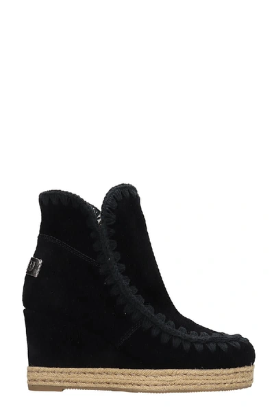 Shop Mou Eskimo Jute Low Heels Ankle Boots In Black Suede