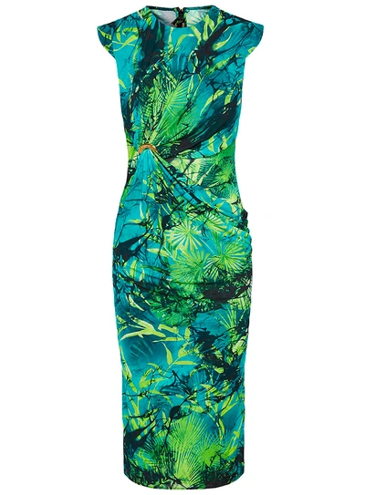 Shop Versace Jungle Print Ruched Sleeveless Dress In Verde