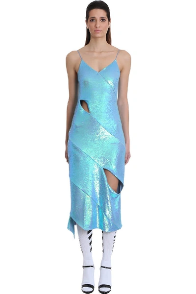 Shop Off-white Pailettes Cut Dress In Blue Polyester