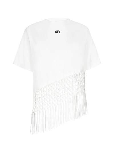 Shop Off-white Asymmetrical Hem-fishnet Cotton T-shirt In White Black