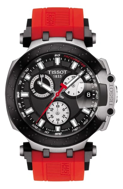 Shop Tissot T-race Chronograph Silicone Strap Watch, 48mm In Red/ Black/ Silver