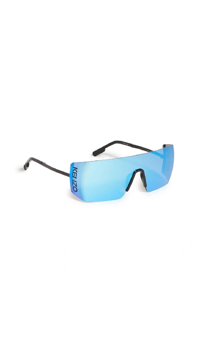 Shop Kenzo Sporty Shield Sunglasses In Blue Mirror/shiny Black